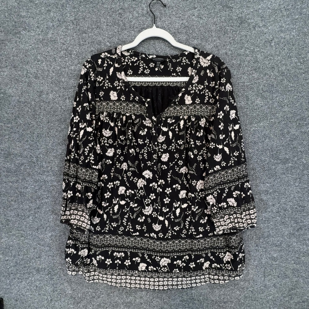 Lucky Brand Peasant Blouse Womens 3X Black Floral Border Print Boho Top